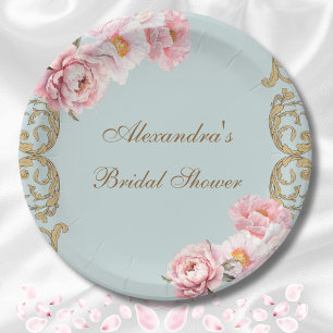 Dusty Blue Pink Peony Vintage Floral Bridal Shower Paper Plate