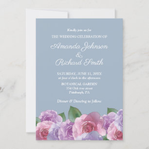 Dusty Blue  Pink Purple Floral Wedding  Invitation