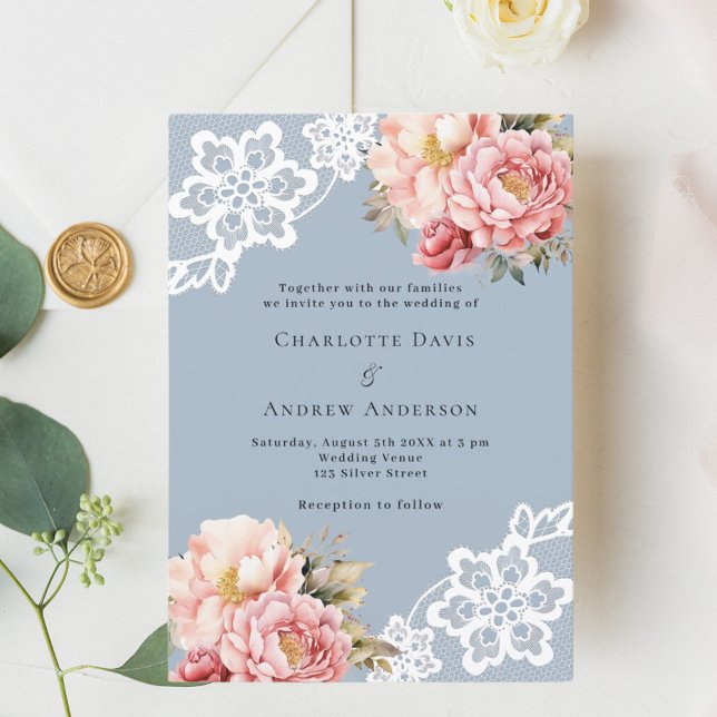 Dusty blue pink rose gold florals lace wedding invitation (Creator Uploaded)
