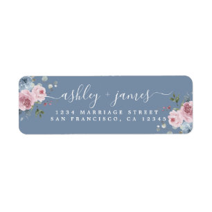 Dusty Blue Pink Rose Return Address Label