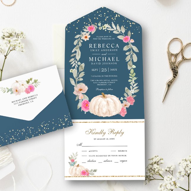 Dusty Blue Pink Roses White Pumpkin Wedding All In One Invitation (Creator Uploaded)