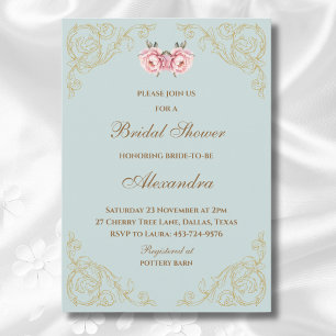 Dusty Blue Pink Vintage Floral Bridal Shower Invitation
