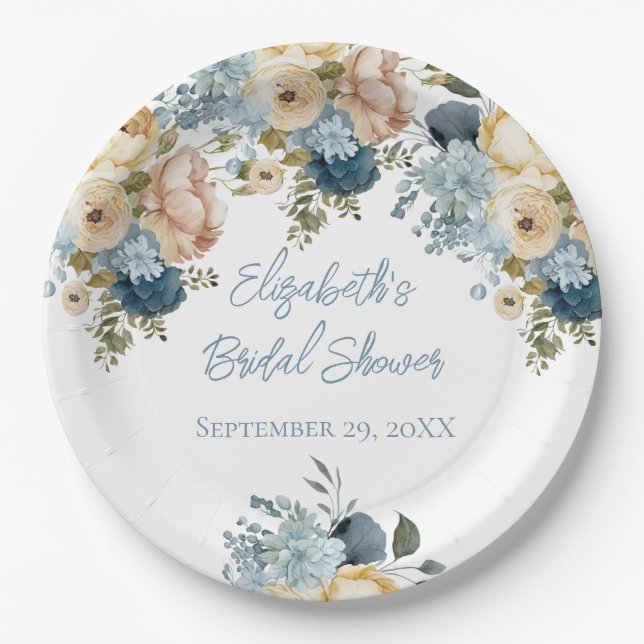 Dusty Blue Pink White Floral Bridal Shower Paper Plate (Front)