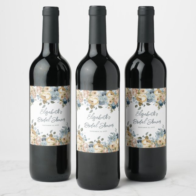 Dusty Blue Pink White Floral Bridal Shower Wine Label (Bottles)