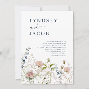 Dusty Blue Pink Wildflower Wedding Invitation