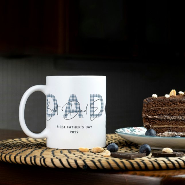 Dusty Blue Plaid Best Dad Ever Photo Fathers Day Coffee Mug (Easily personalize this Best Dad Ever Mug design your your photo and text for special gift!)
