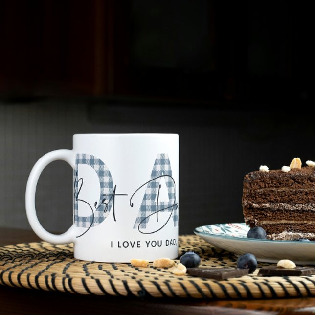 Dusty Blue Plaid Best Dad Ever Quote Fathers Day Coffee Mug (Easily personalize this Best Dad Ever mug a gift he'll treasure, perfect for any occasion)