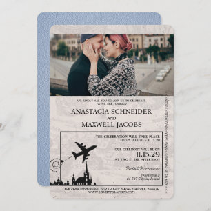 Dusty Blue Poland Passport Wedding Invitation