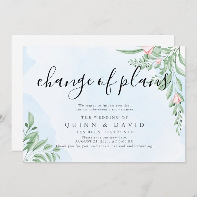 Dusty Blue Postponed Wedding Announcement Cards (Front/Back)