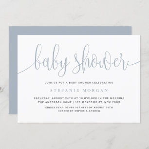 Dusty Blue Pretty Calligraphy Baby Shower Invitation