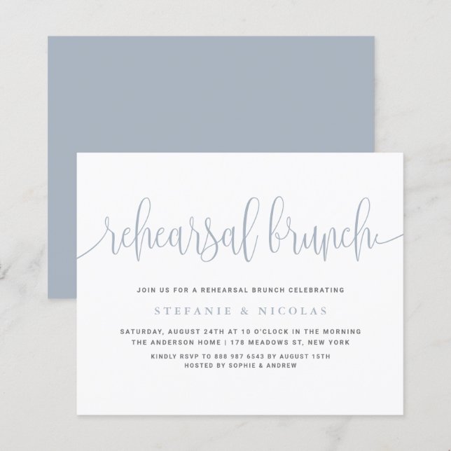 Dusty Blue Pretty Calligraphy Rehearsal Brunch (Front/Back)