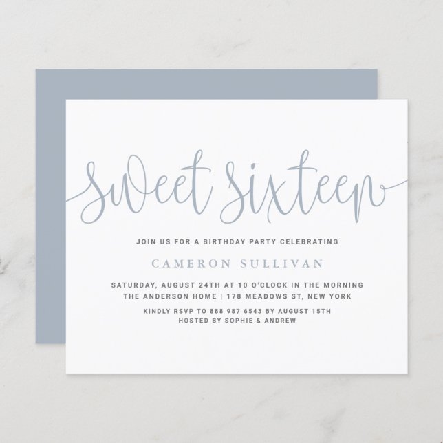 Dusty Blue Pretty Calligraphy Sweet 16 Invitation (Front/Back)