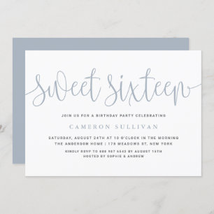 Dusty Blue Pretty Calligraphy Sweet 16 Party Invitation