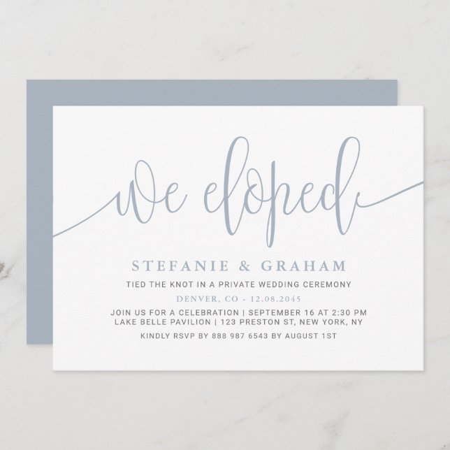 Dusty Blue Pretty Calligraphy Wedding Elopement Invitation (Front/Back)
