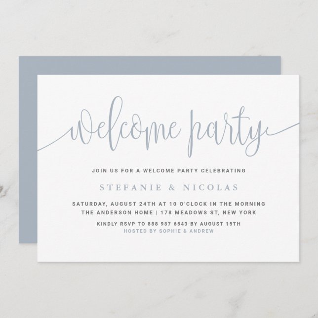 Dusty Blue Pretty Calligraphy Welcome Party Invitation (Front/Back)