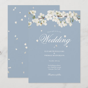 Dusty Blue Pretty Floral White Blossom Wedding Invitation