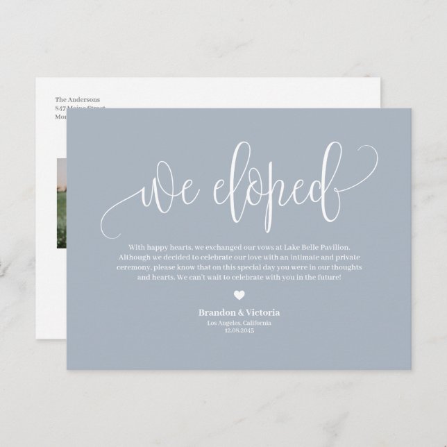 Dusty Blue Pretty Script Wedding Elopement Announcement Postcard (Front/Back)