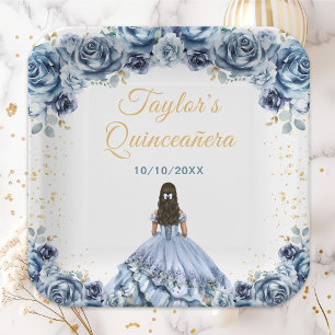 Dusty Blue Princess Floral Quinceañera Paper Plate