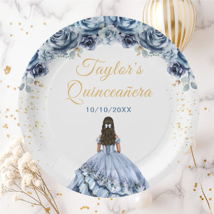 Dusty Blue Princess Floral Quinceañera Paper Plate