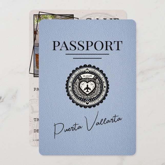 Dusty Blue Puerta Vallarta Passport Save The Date (Front/Back)