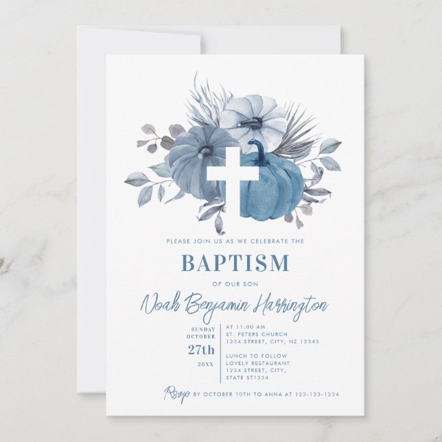 Dusty Blue Pumpkin Baptism Cross Invitation (Front)