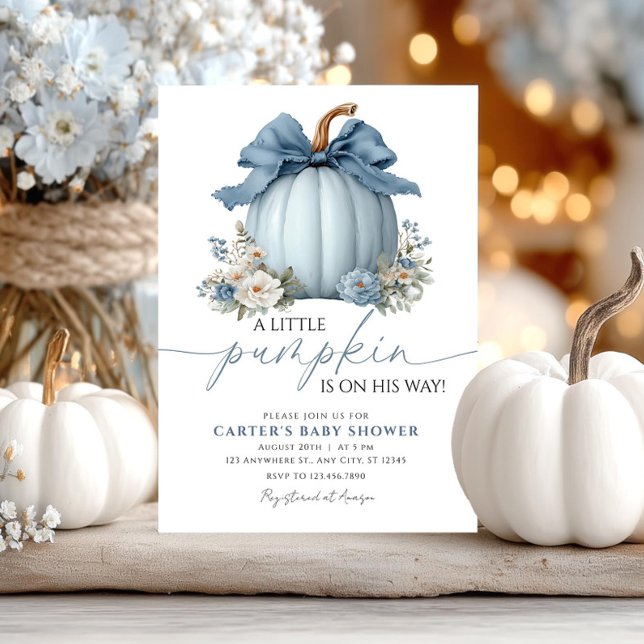 Dusty Blue Pumpkin Boy Greenery Bow Baby Shower Invitation (Creator Uploaded)