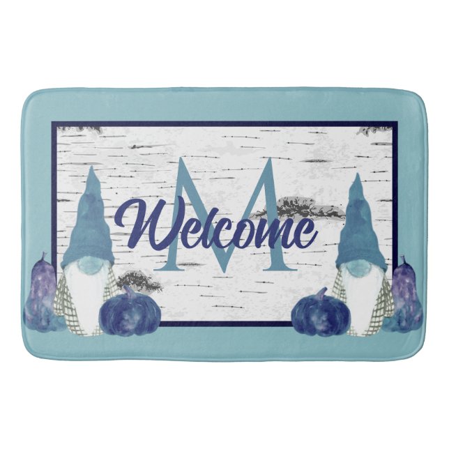  Dusty Blue Pumpkin Gnomes Aspen Rustic bathroom Bath Mat (Front)