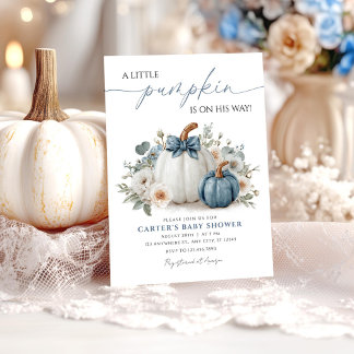 Dusty Blue Pumpkin Greenery Boy Baby Shower Invitation