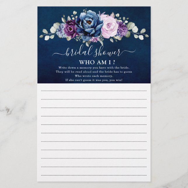 Dusty Blue Purple Bridal Shower Who Am I Game (Front)
