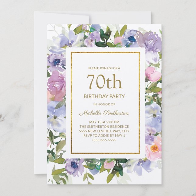 Dusty Blue Purple Floral Gold 70th Birthday Invitation (Front)