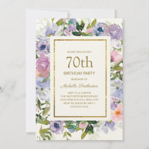 Dusty Blue Purple Floral Gold 70th Birthday Invitation
