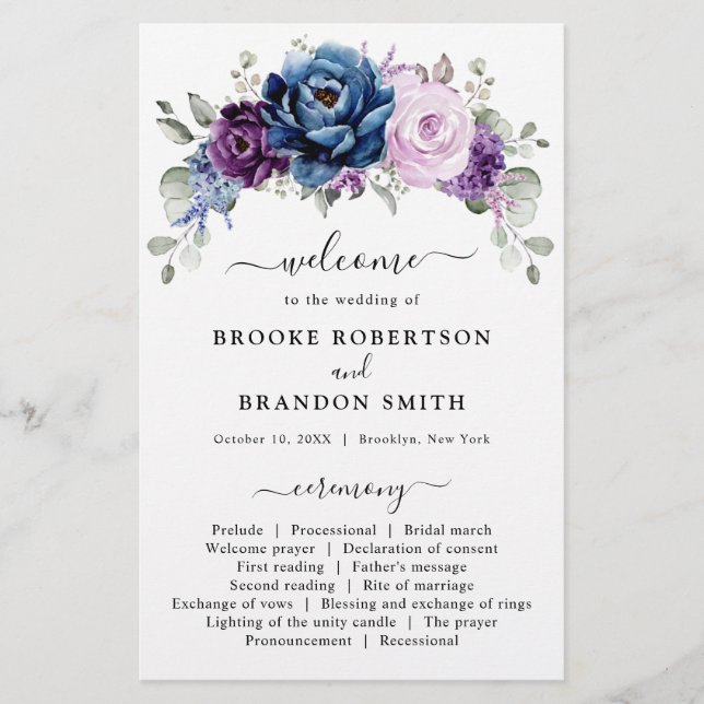Dusty Blue Purple Lilac Blooms Wedding Program (Front)