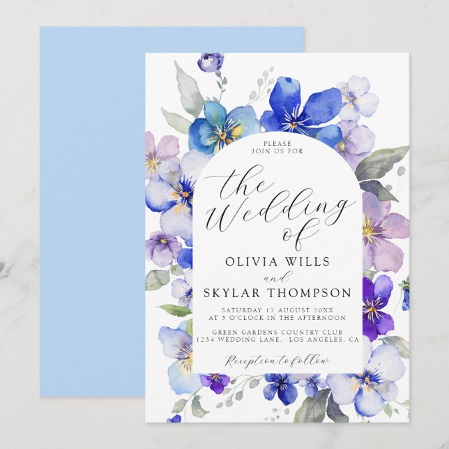 Dusty Blue Purple Mauve Navy Flower Wedding Invitation (Front/Back)