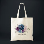 Dusty Blue Purple Navy Lilac Bloom Bridesmaid gift Tote Bag<br><div class="desc">Elegant dusty blue Purple lilac lavender floral theme bridesmaid gift tote bag featuring elegant bouquet of dusty blue,  Navy,  purple,  lilac colour rose flowers buds and sage green eucalyptus leaves. Please contact me for any help in customisation or if you need any other product with this design.</div>