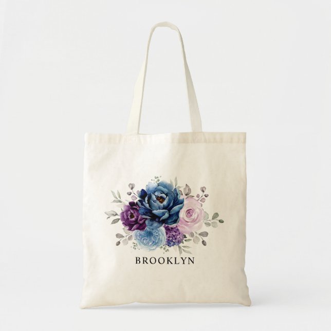Dusty Blue Purple Navy Lilac Bloom Bridesmaid gift Tote Bag (Front)