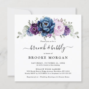 Dusty Blue Purple Navy Lilac Bloom Brunch & Bubbly Invitation