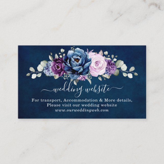 Dusty Blue Purple Navy Lilac Bloom Wedding Website Enclosure Card (Front)