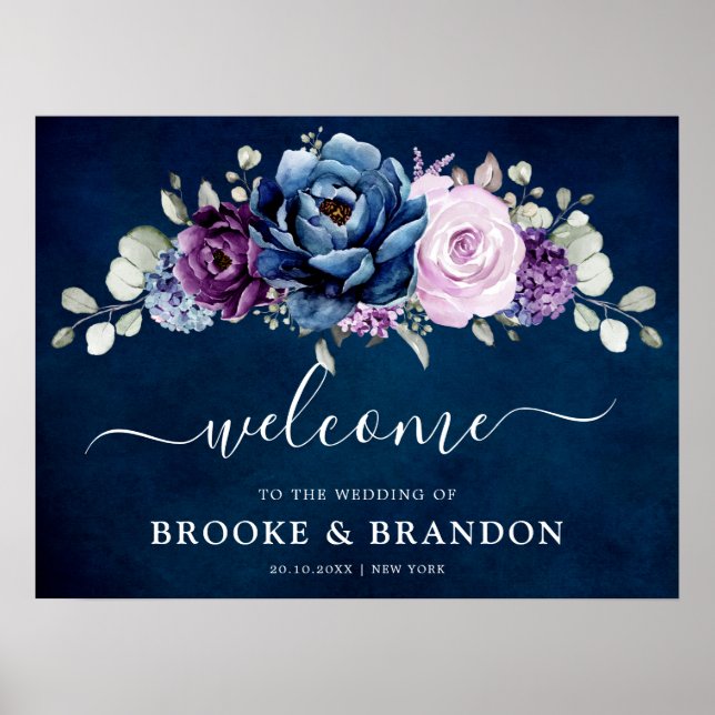 Dusty Blue Purple Navy Lilac Bloom Wedding Welcome Poster (Front)