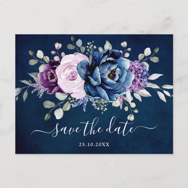 Dusty Blue Purple Navy Lilac Blooms Save the date  Postcard (Front)