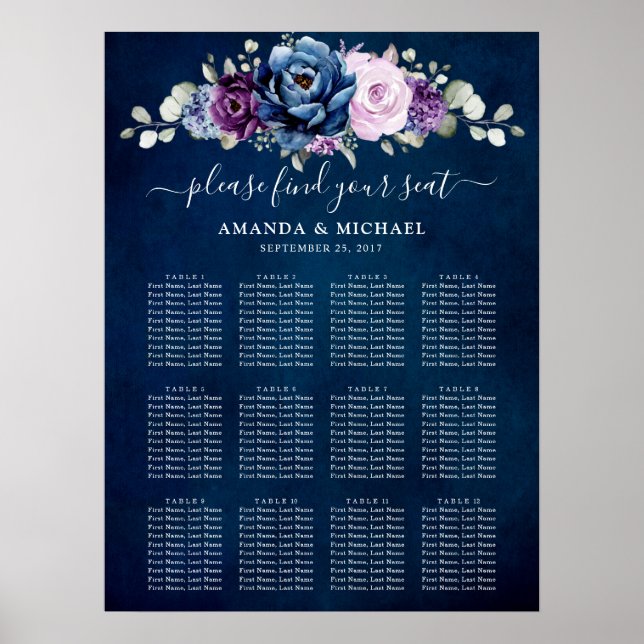 Dusty Blue Purple Navy Lilac Blooms Seating Chart (Front)