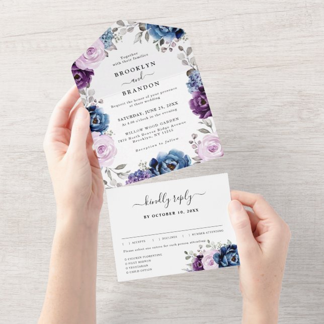 Dusty Blue Purple Navy Lilac Blooms Wedding All In All In One Invitation (Tearaway)