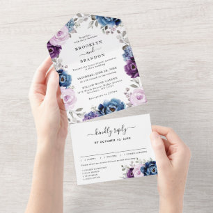 Dusty Blue Purple Navy Lilac Blooms Wedding All In All In One Invitation