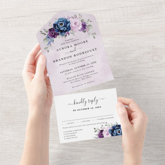 Dusty Blue Purple Navy Lilac Blooms Wedding All In All In One Invitation (Tearaway)