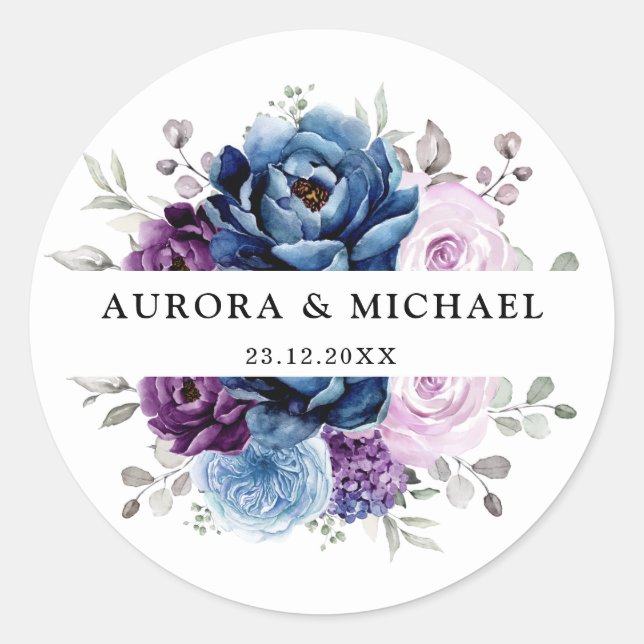 Dusty Blue Purple Navy Lilac Blooms Wedding Classic Round Sticker (Front)