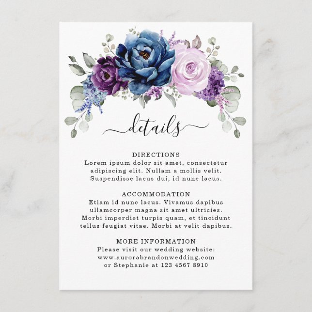 Dusty Blue Purple Navy Lilac Blooms Wedding Detail Enclosure Card (Front)
