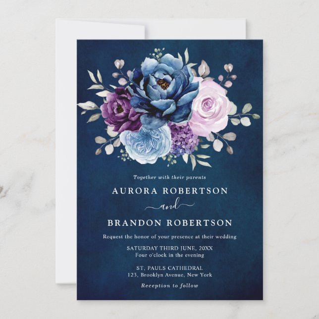 Dusty Blue Purple Navy Lilac Blooms Wedding Elegan Invitation (Front)