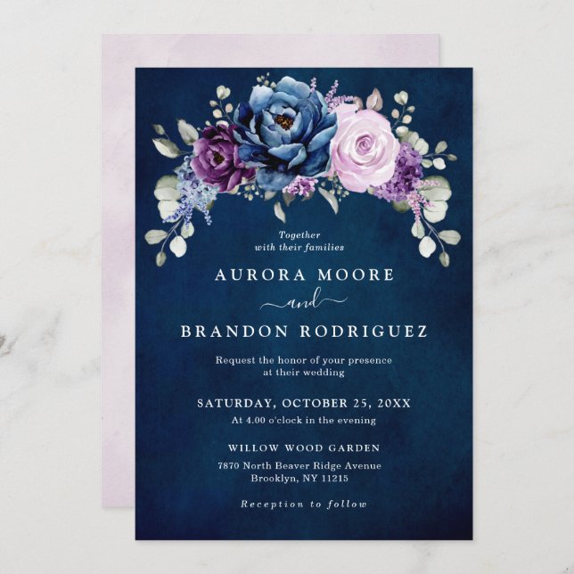 Dusty Blue Purple Navy Lilac Blooms Wedding Invita Invitation (Front/Back)