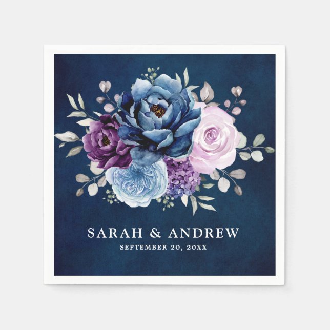 Dusty Blue Purple Navy Lilac Blooms Wedding Napkin (Front)