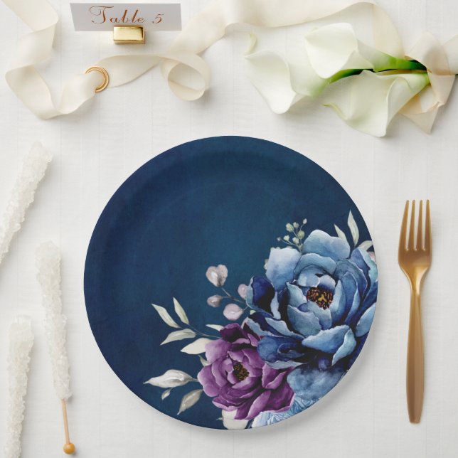 Dusty Blue Purple Navy Lilac Blooms Wedding Paper  Plate (Wedding)