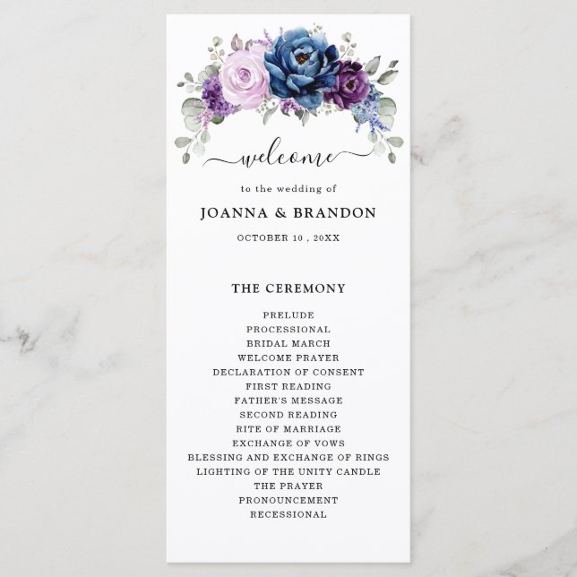 Dusty Blue Purple Navy Lilac Blooms Wedding Program (Front)